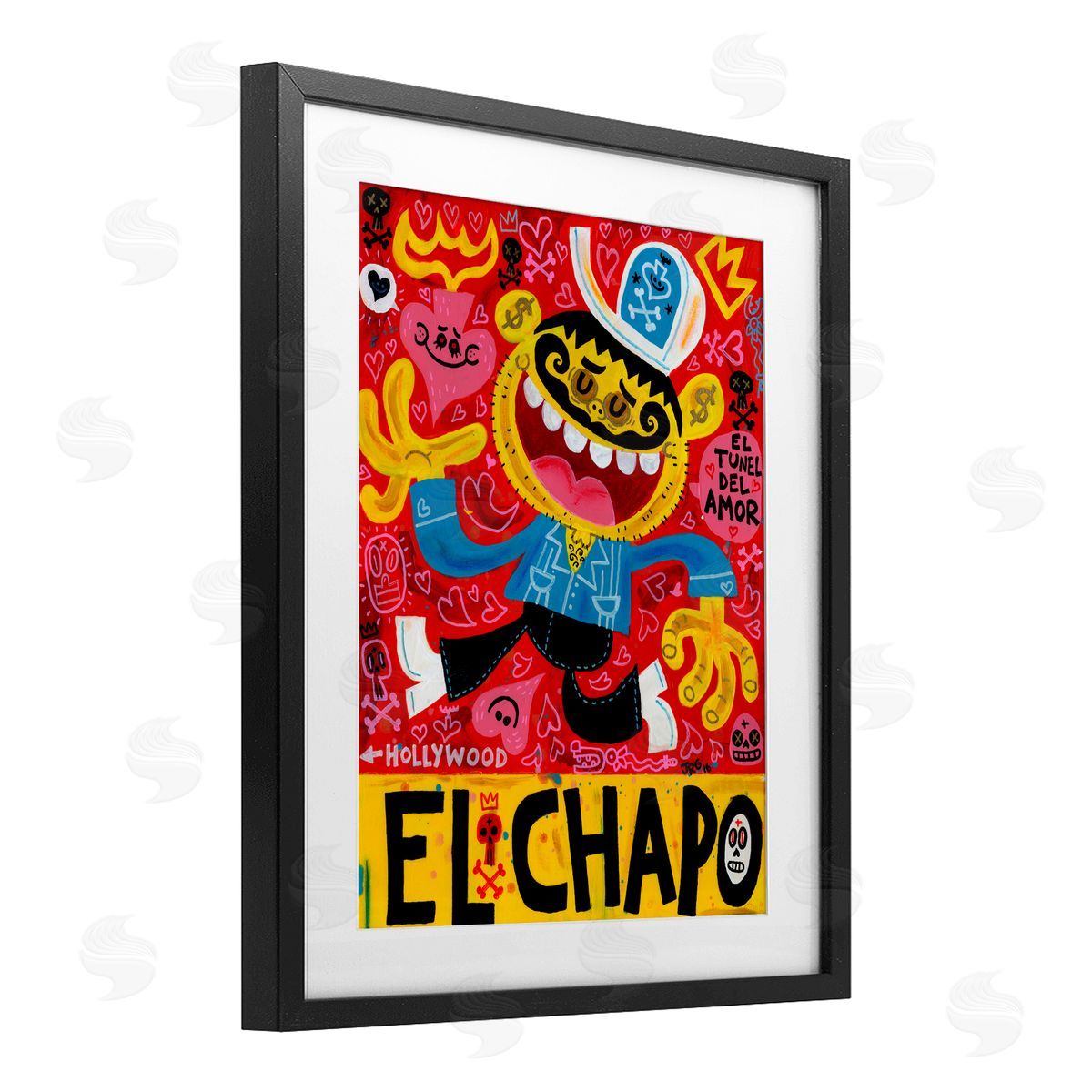 Jorge R. Gutierrez El Chapo Whimsical Cartoon Black Framed Print Under Glass with White Mat Wall Art