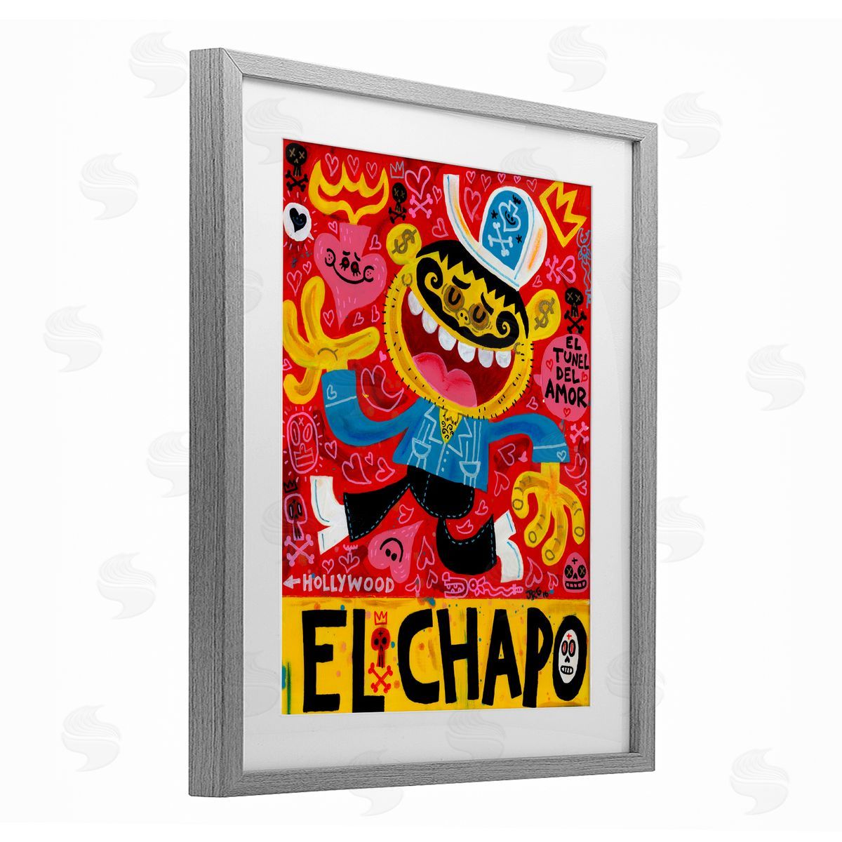 Jorge R. Gutierrez El Chapo Whimsical Cartoon Gray Framed Print Under Glass with White Mat Wall Art