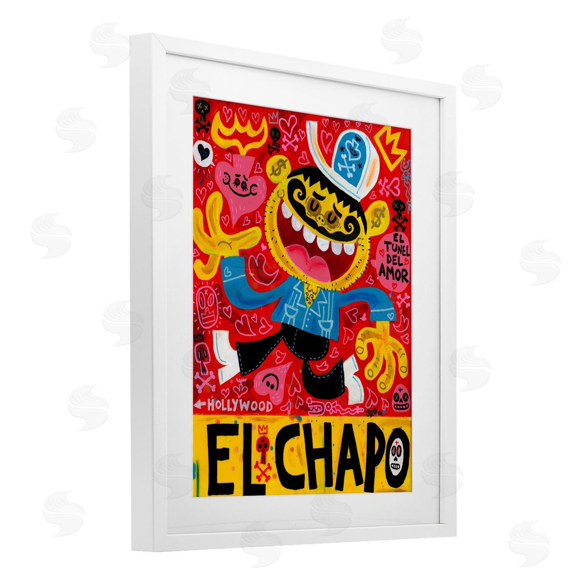 Jorge R. Gutierrez El Chapo Whimsical Cartoon White Framed Print Under Glass with Mat Wall Art