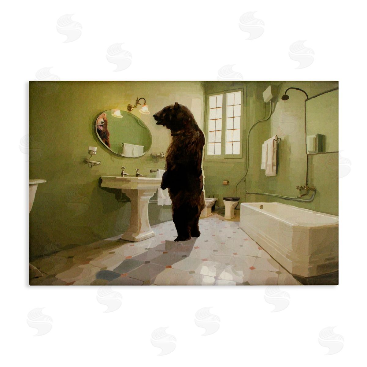 Keith Thomson The Houseguest Bear in Bathroom Stretched Canvas Wall Art Print