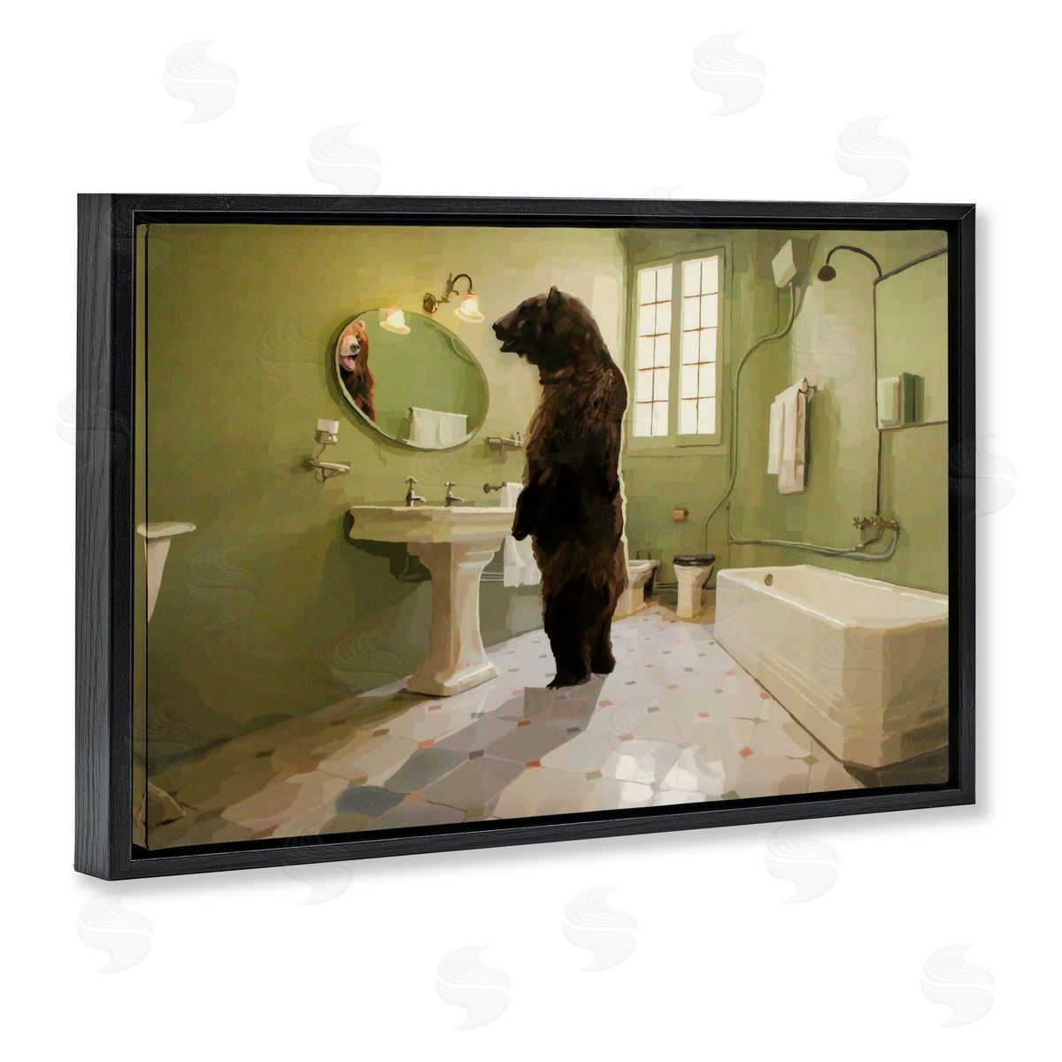 Keith Thomson The Houseguest Bear in Bathroom Black Floating Frame Canvas Wall Art Print