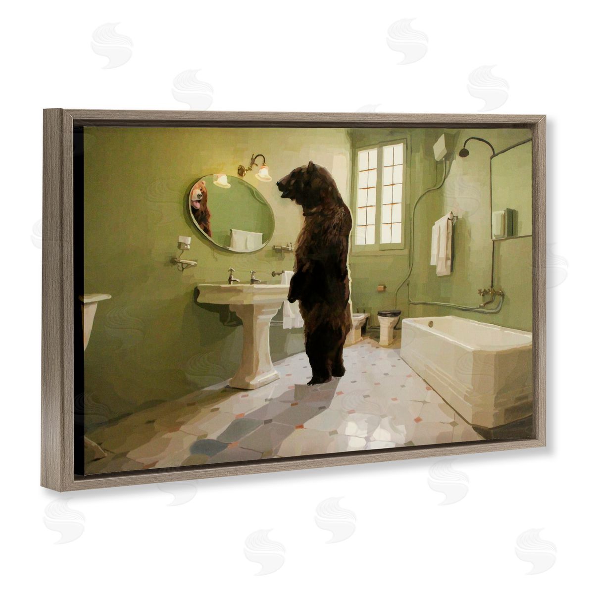 Keith Thomson The Houseguest Bear in Bathroom Brown Floating Frame Canvas Wall Art Print