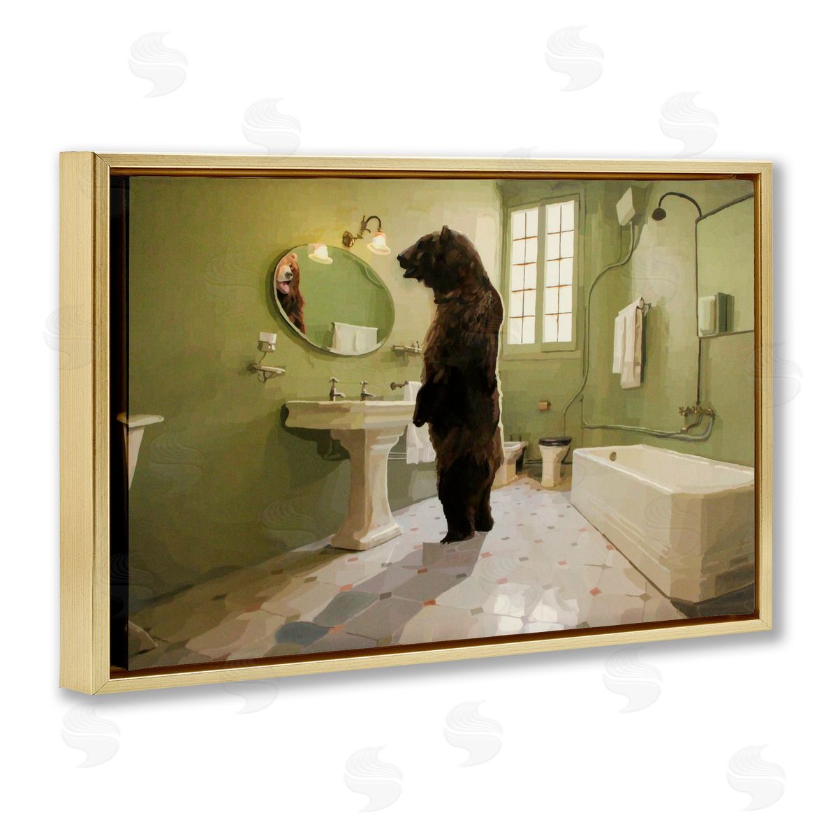 Keith Thomson The Houseguest Bear in Bathroom Gold Floating Frame Canvas Wall Art Print