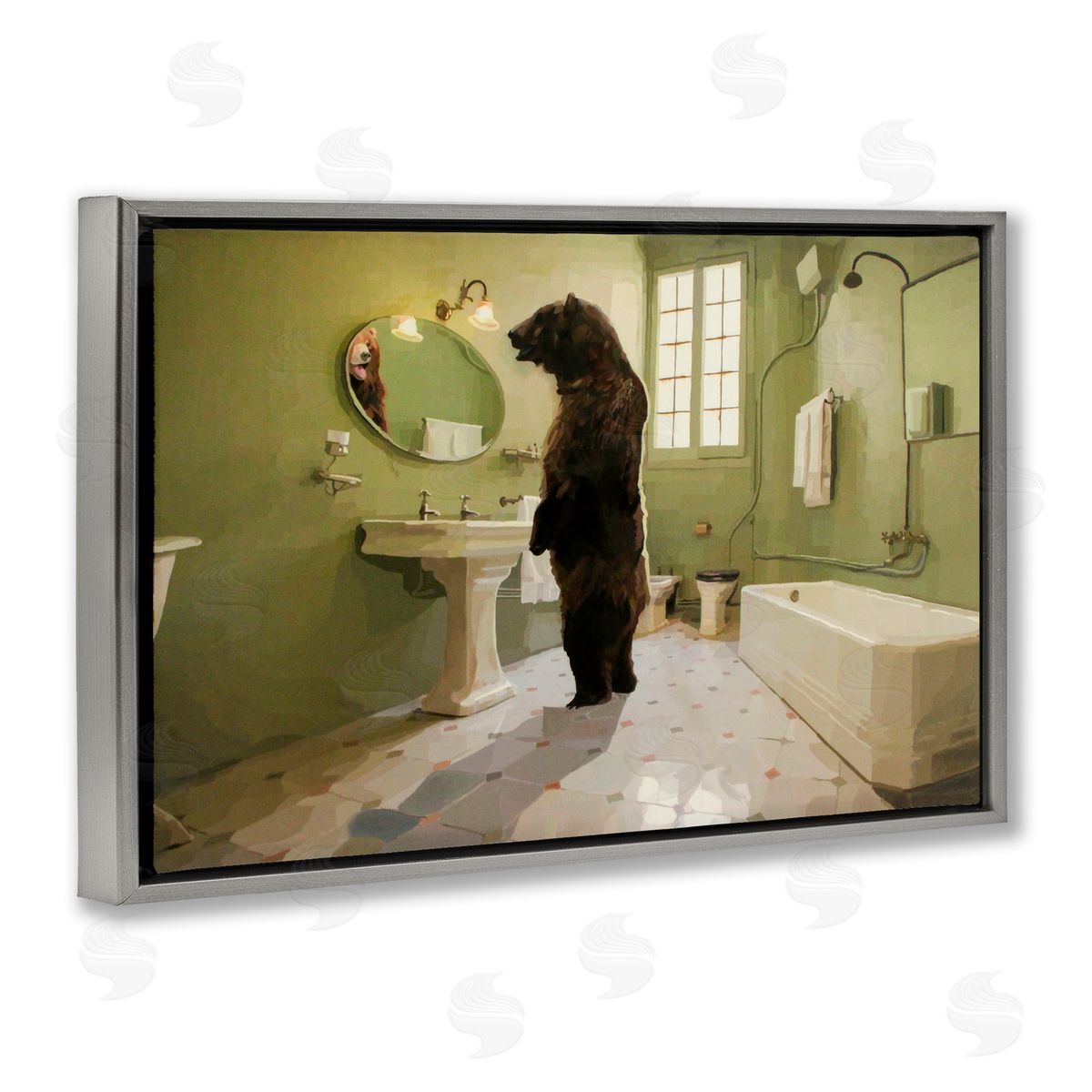 Keith Thomson The Houseguest Bear in Bathroom Gray Floating Frame Canvas Wall Art Print