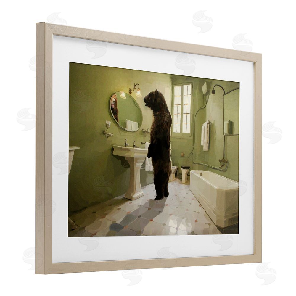 Keith Thomson The Houseguest Bear in Bathroom Brown Framed Print Under Glass Wall Art