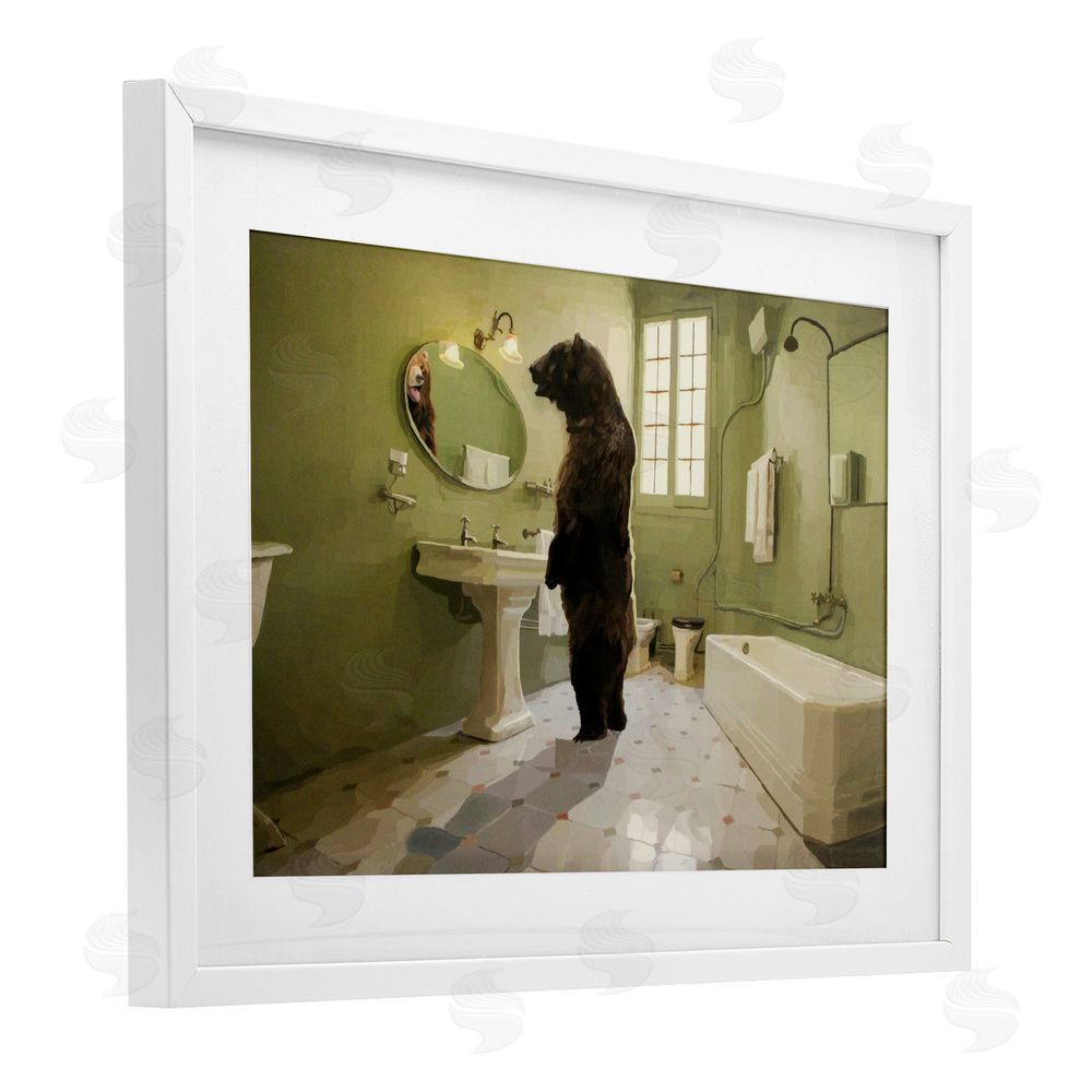 Keith Thomson The Houseguest Bear in Bathroom White Framed Print Under Glass Wall Art