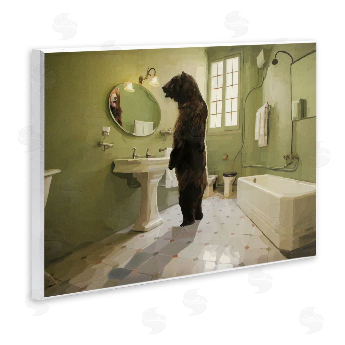 Keith Thomson The Houseguest Bear in Bathroom Wooden Wall Plaque Art Print
