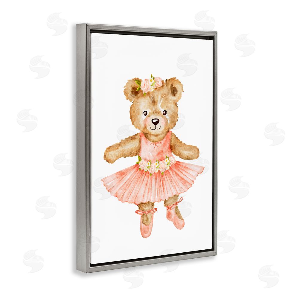 Amy Hall Floral Ballerina Teddy Bear Gray Floating Frame Canvas Wall Art Print