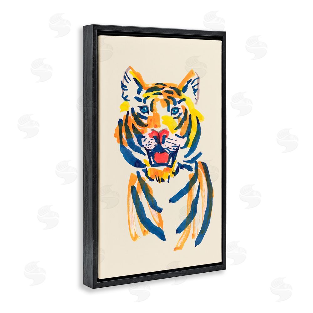 Karolina Sato Tiger Roar Watercolor Black Floating Frame Canvas Wall Art Print