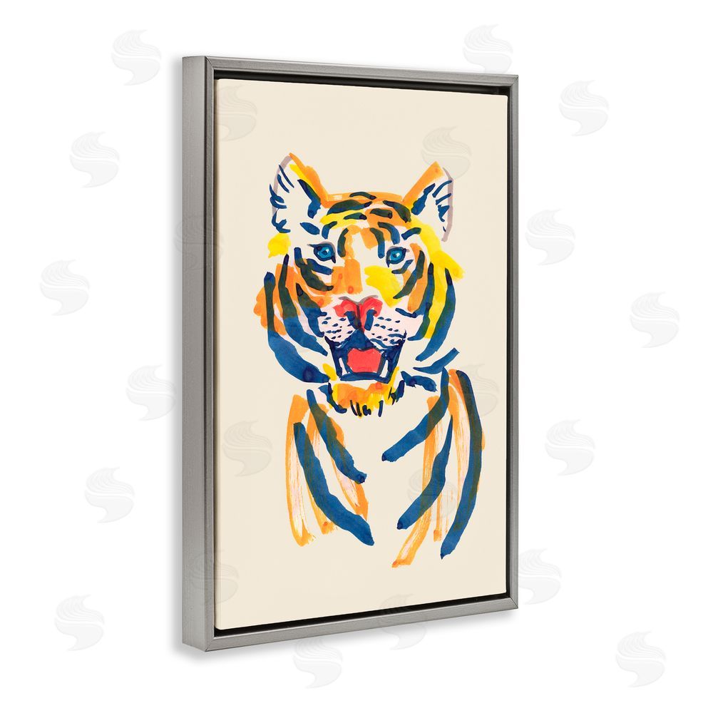 Karolina Sato Tiger Roar Watercolor Gray Floating Frame Canvas Wall Art Print