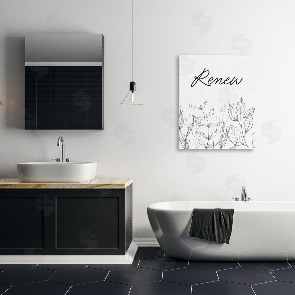 Lettered and Lined Renew with Leaf Outlines Stretched Canvas Wall Art Print in Room
