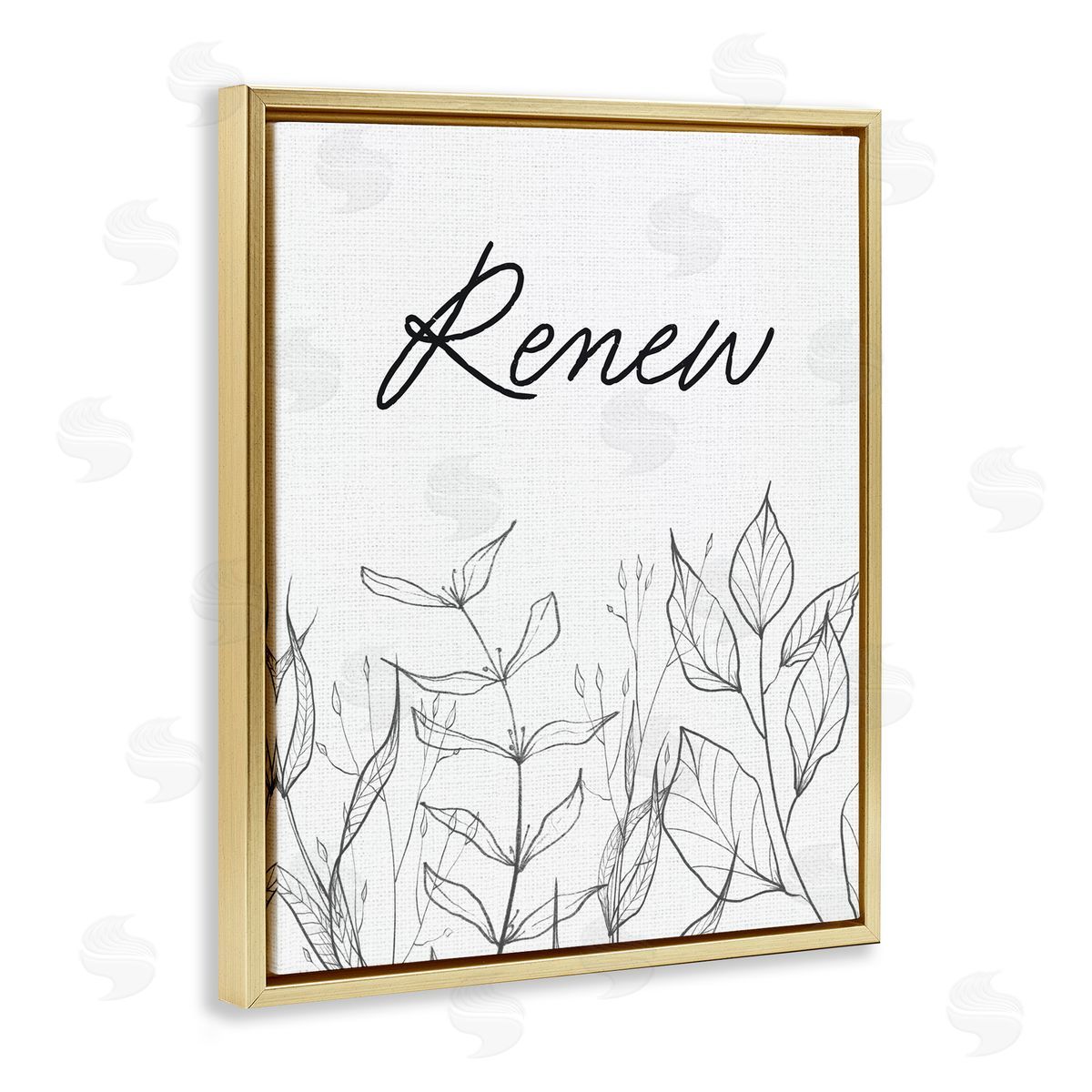 Lettered and Lined Renew with Leaf Outlines Gold Floating Frame Canvas Wall Art Print