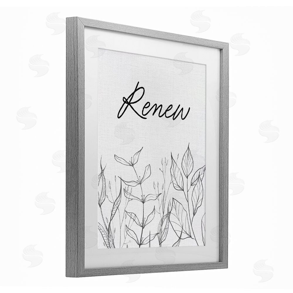 Lettered and Lined Renew with Leaf Outlines Gray Framed Print Under Glass Wall Art