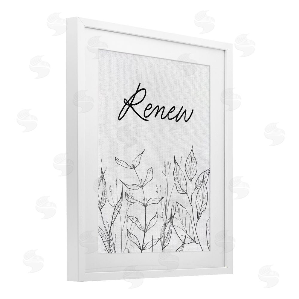 Lettered and Lined Renew with Leaf Outlines White Framed Print Under Glass Wall Art
