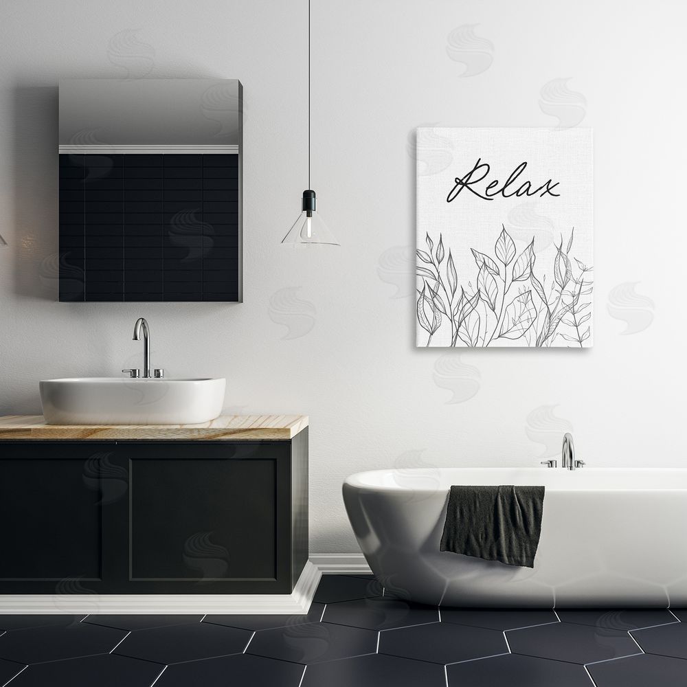 Lettered and Lined Relax with Leaf Outlines Stretched Canvas Wall Art Print in Room