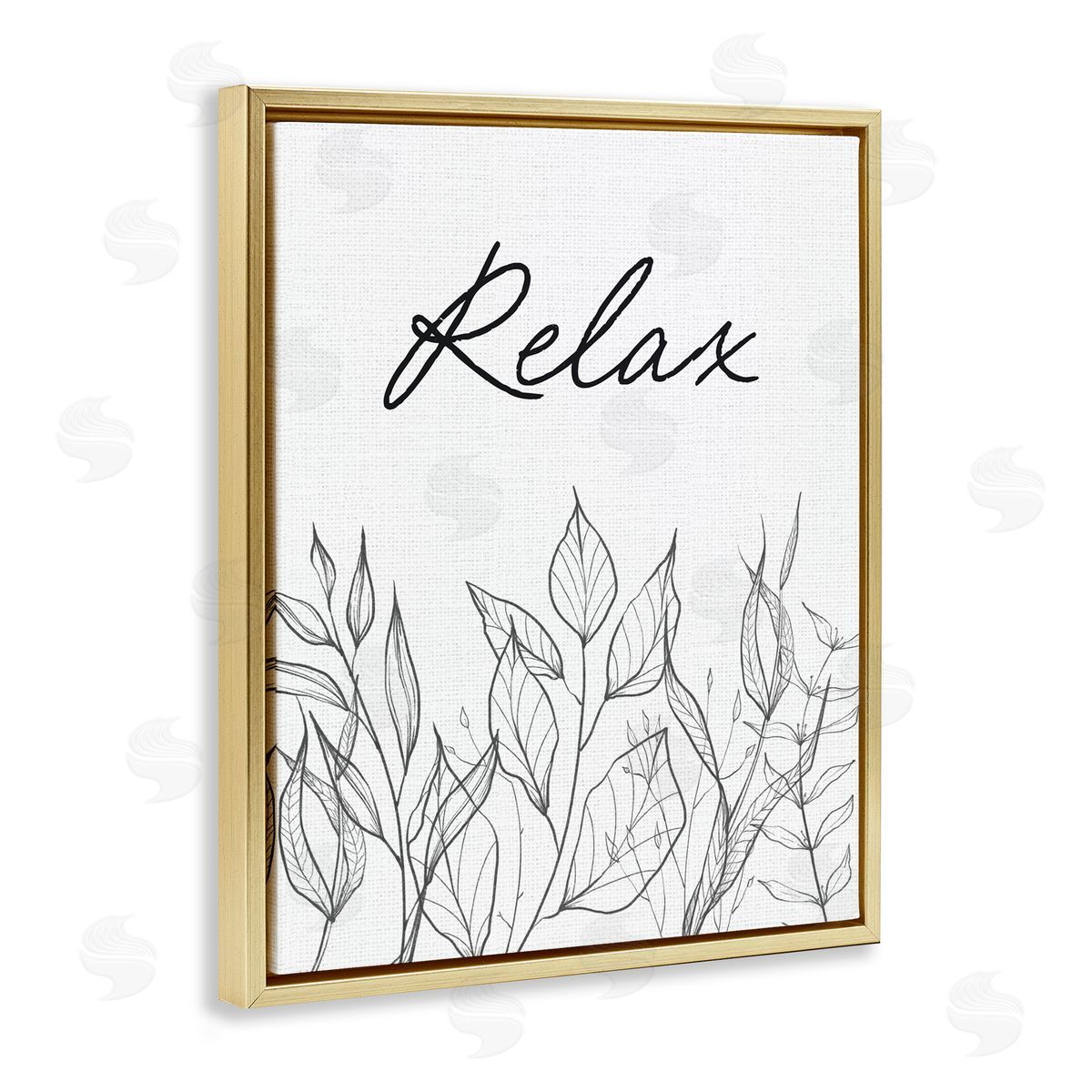 Lettered and Lined Relax with Leaf Outlines Gold Floating Frame Canvas Wall Art Print
