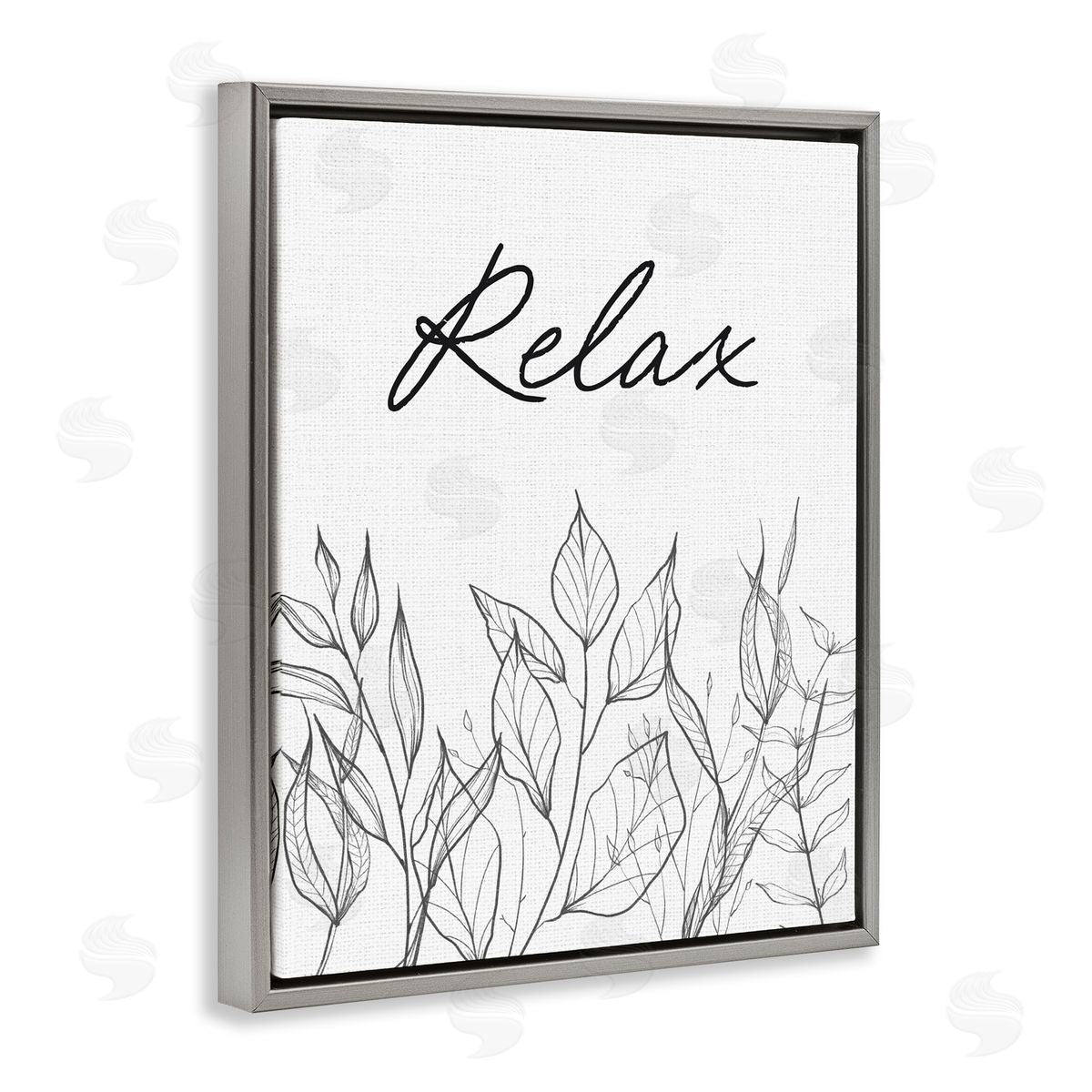 Lettered and Lined Relax with Leaf Outlines Gray Floating Frame Canvas Wall Art Print
