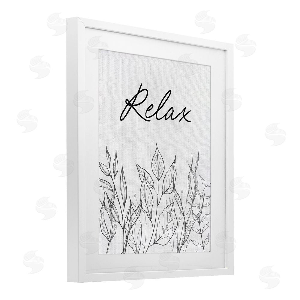 Lettered and Lined Relax with Leaf Outlines White Framed Print Under Glass Wall Art