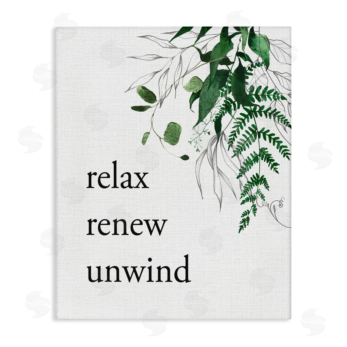 Lettered and Lined Relax Renew Unwind with Foliage Stretched Canvas Wall Art Print