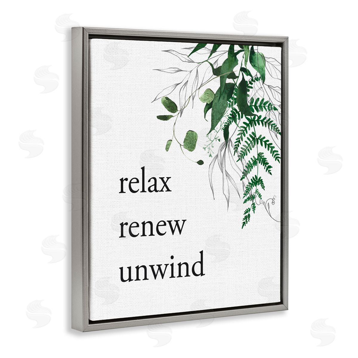 Lettered and Lined Relax Renew Unwind with Foliage Gray Floating Frame Canvas Wall Art Print
