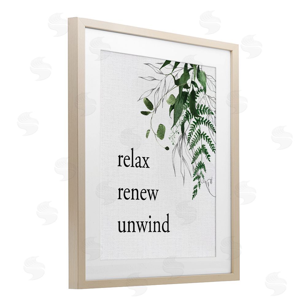 Lettered and Lined Relax Renew Unwind with Foliage Brown Framed Print Under Glass Wall Art