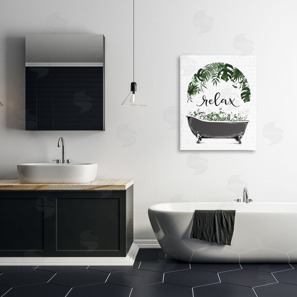 Lettered and Lined Tropical Bath Relax Stretched Canvas Wall Art Print in Room