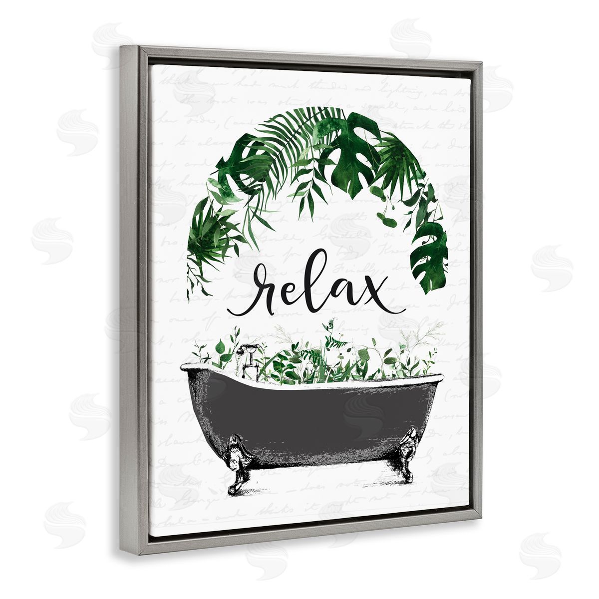 Lettered and Lined Tropical Bath Relax Gray Floating Frame Canvas Wall Art Print