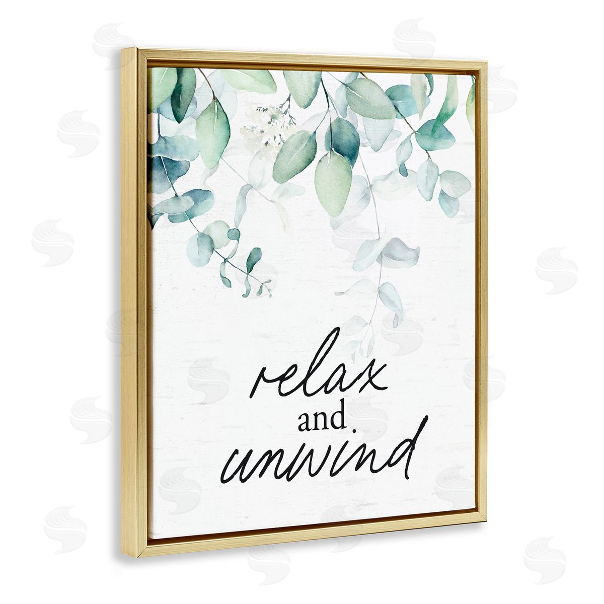 Lettered and Lined Relax And Unwind Herb Leaves Gold Floating Frame Canvas Wall Art Print