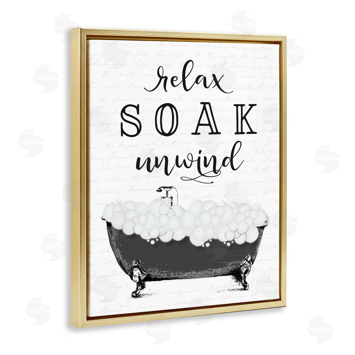 Lettered and Lined Soak Unwind Bubble Bath Gold Floating Frame Canvas Wall Art Print