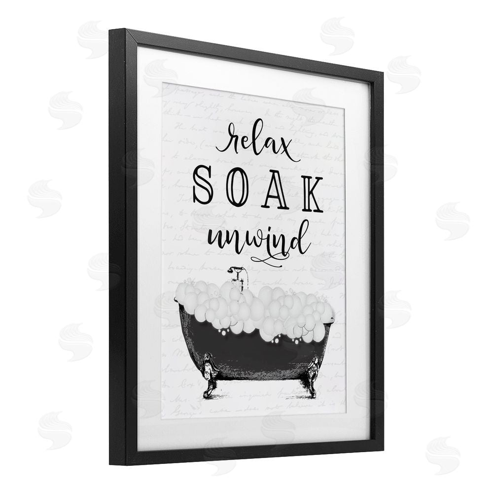 Lettered and Lined Soak Unwind Bubble Bath Black Framed Print Under Glass Wall Art