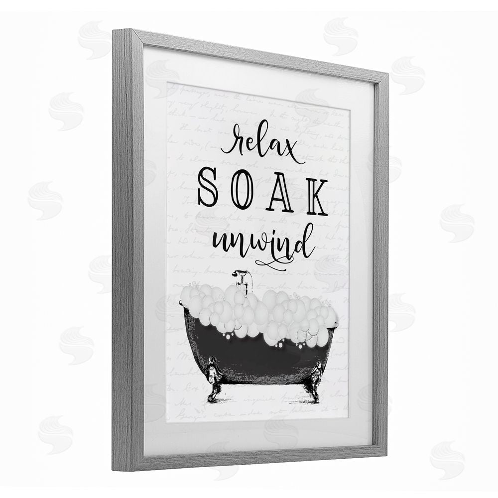 Lettered and Lined Soak Unwind Bubble Bath Gray Framed Print Under Glass Wall Art