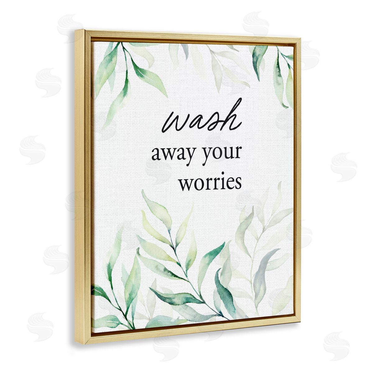 Lettered and Lined Wash Away Worries Greenery Gold Floating Frame Canvas Wall Art Print