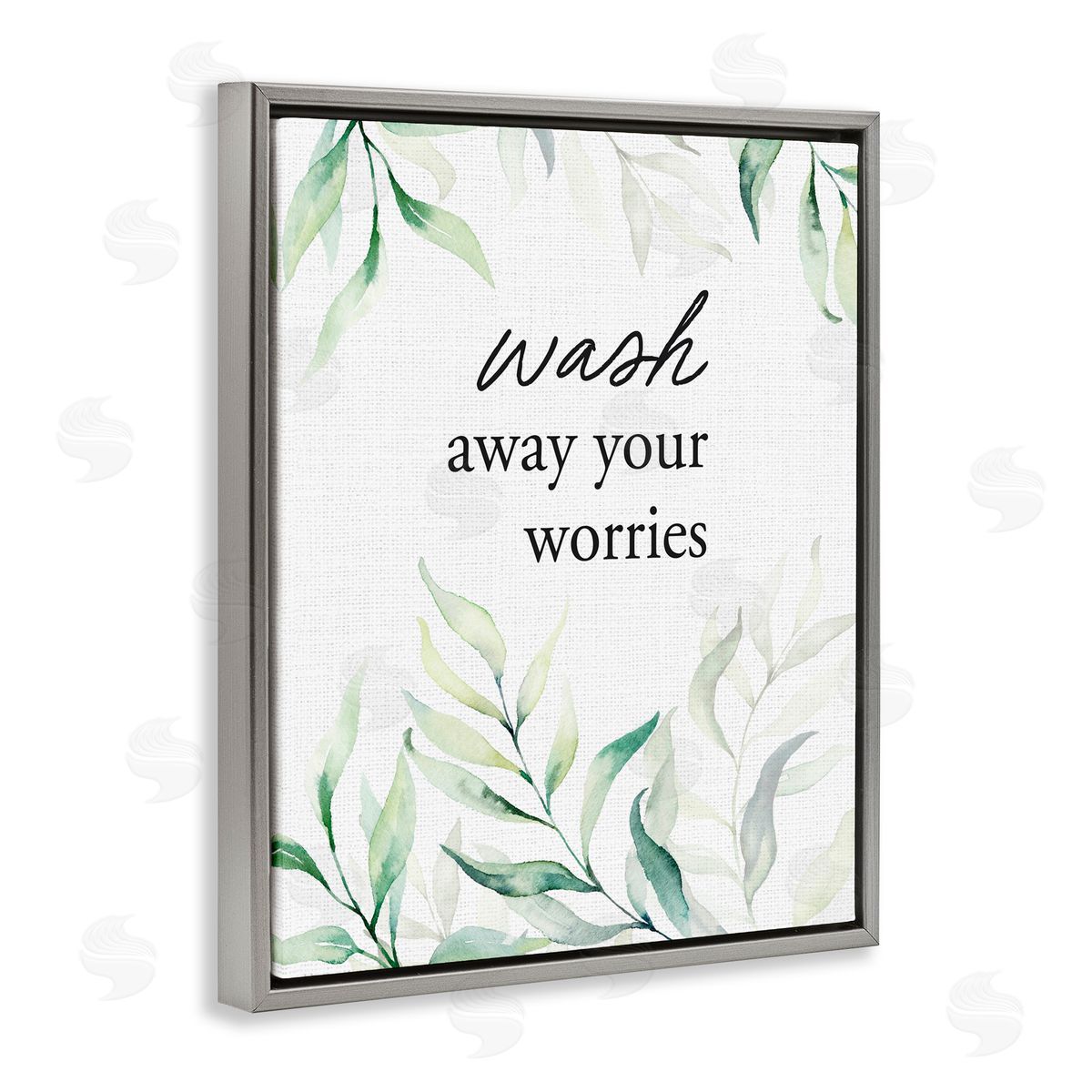 Lettered and Lined Wash Away Worries Greenery Gray Floating Frame Canvas Wall Art Print