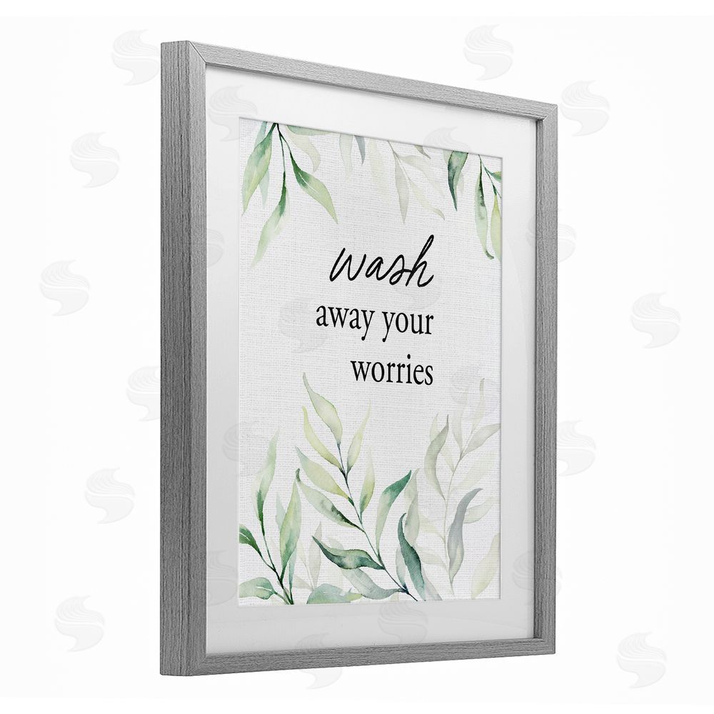 Lettered and Lined Wash Away Worries Greenery Gray Framed Print Under Glass Wall Art