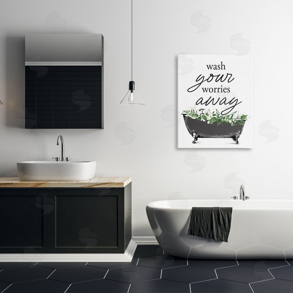 Lettered and Lined Wash Worries Away Herbs Stretched Canvas Wall Art Print in Room