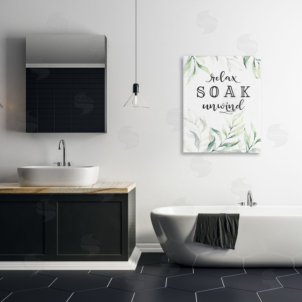 Lettered and Lined Soak & Unwind with Leaves Stretched Canvas Wall Art Print in Room