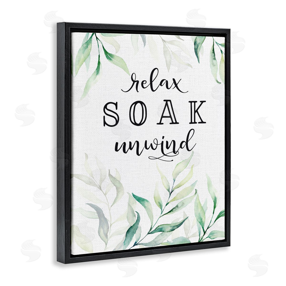 Lettered and Lined Soak & Unwind with Leaves Black Floating Frame Canvas Wall Art Print
