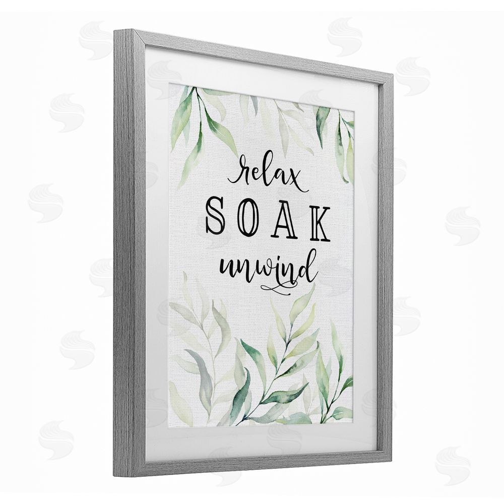 Lettered and Lined Soak & Unwind with Leaves Gray Framed Print Under Glass Wall Art