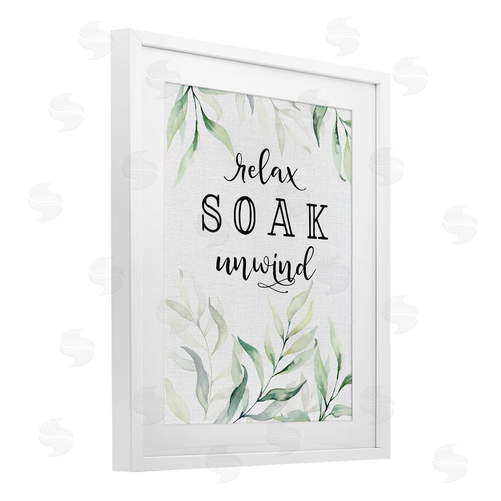 Lettered and Lined Soak & Unwind with Leaves White Framed Print Under Glass Wall Art