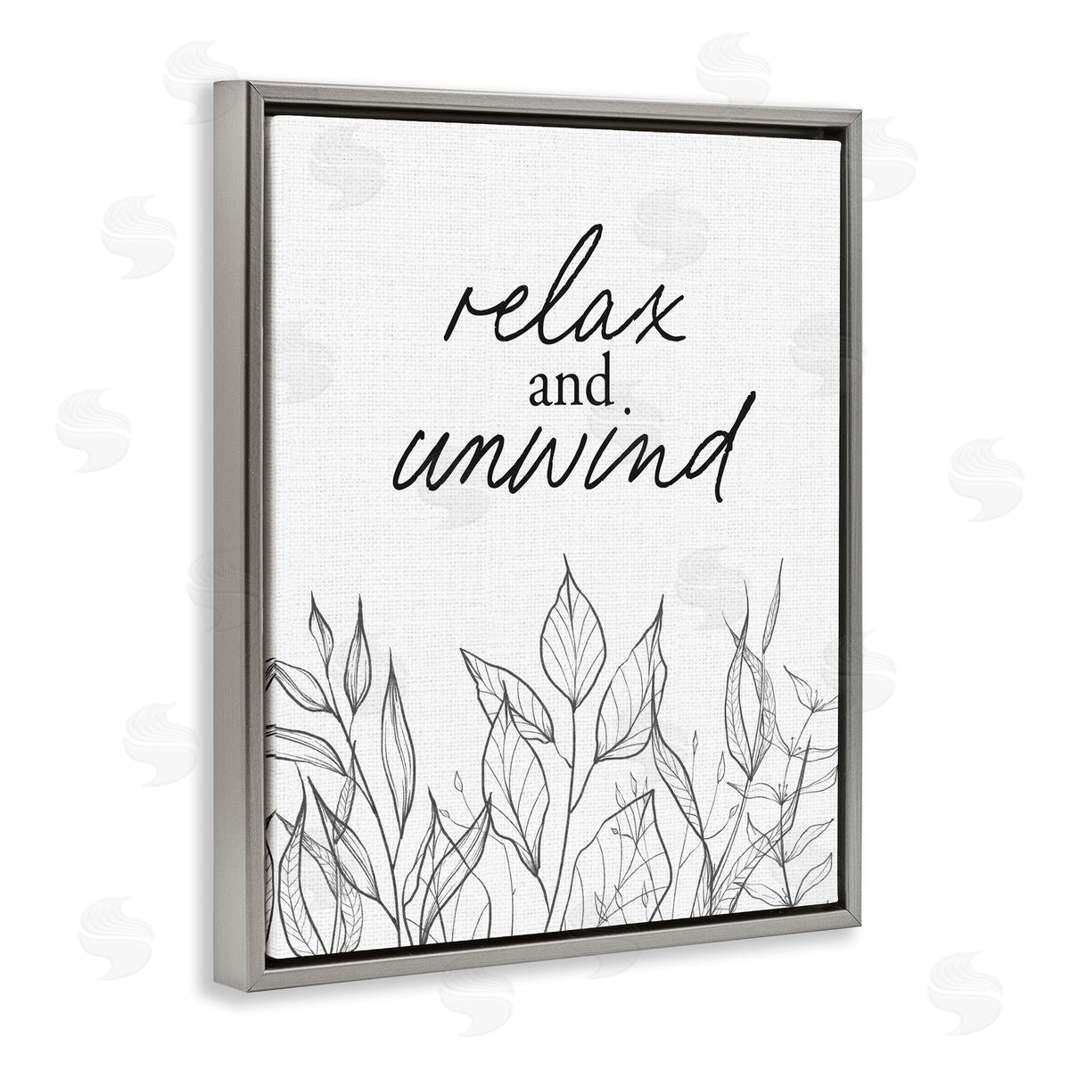 Lettered and Lined Relax Unwind Minimalist Leaves Gray Floating Frame Canvas Wall Art Print