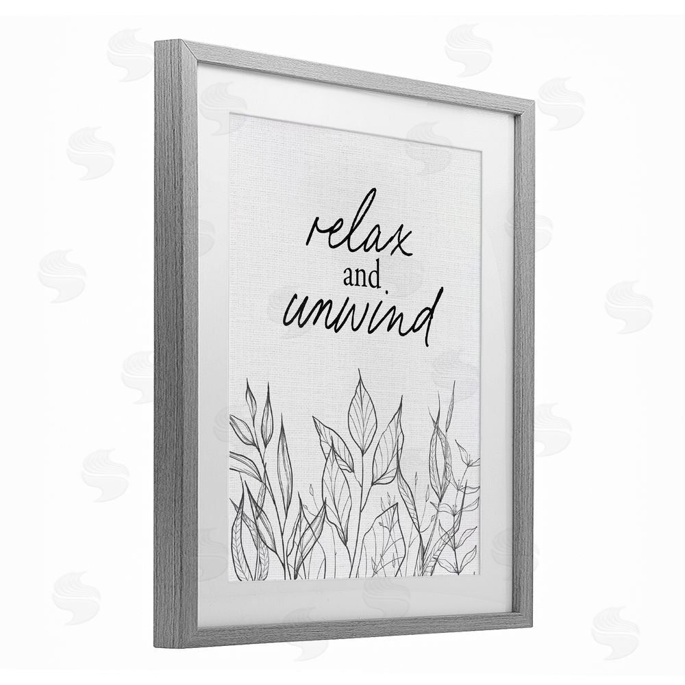 Lettered and Lined Relax Unwind Minimalist Leaves Gray Framed Print Under Glass Wall Art