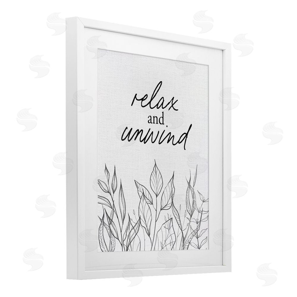 Lettered and Lined Relax Unwind Minimalist Leaves White Framed Print Under Glass Wall Art