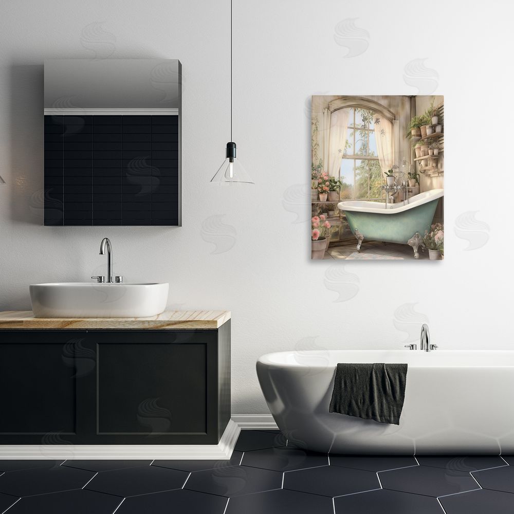 Lettered and Lined Bathroom with Floral Filled Shelves Stretched Canvas Wall Art Print in Room