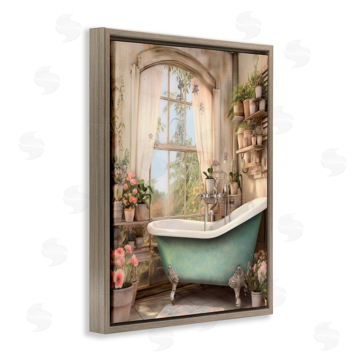 Lettered and Lined Bathroom with Floral Filled Shelves Brown Floating Frame Canvas Wall Art Print