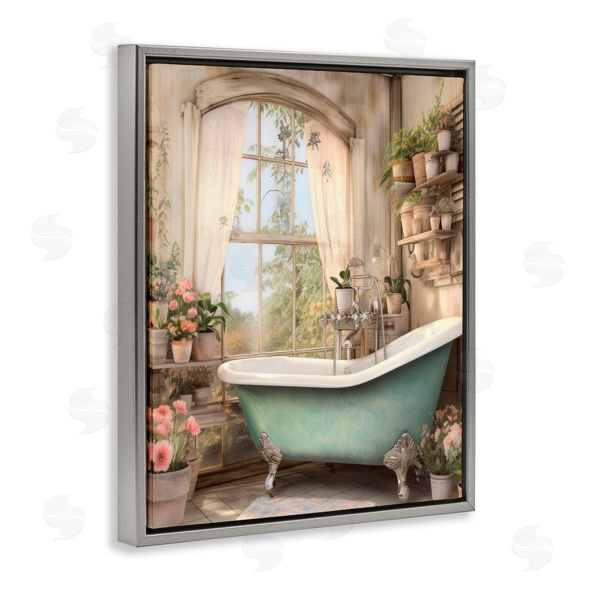 Lettered and Lined Bathroom with Floral Filled Shelves Gray Floating Frame Canvas Wall Art Print