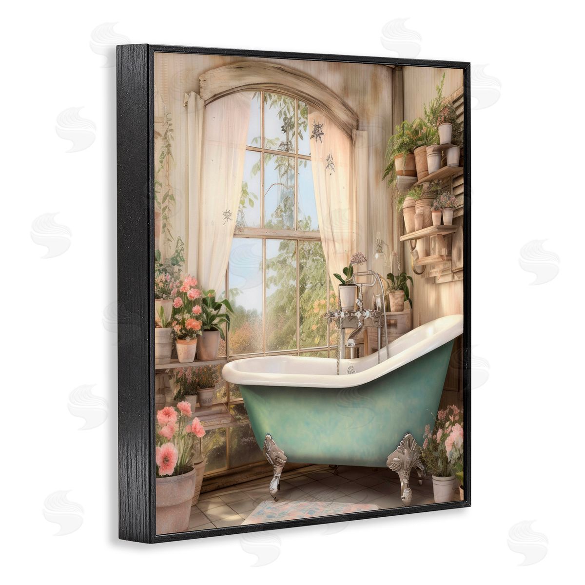 Lettered and Lined Bathroom with Floral Filled Shelves Black Framed Giclee Print Wall Art