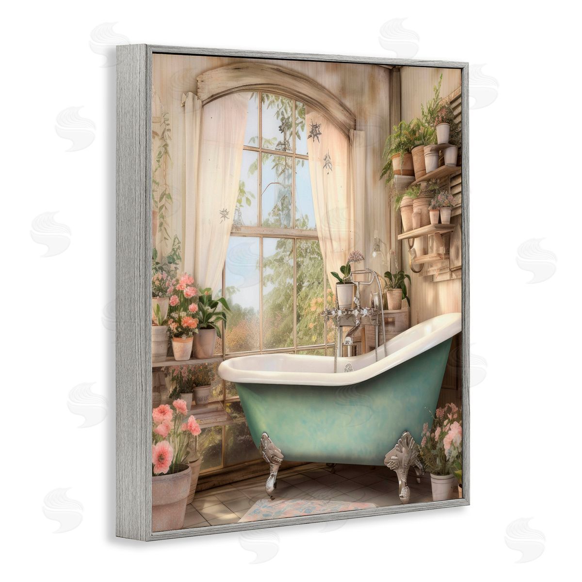 Lettered and Lined Bathroom with Floral Filled Shelves Gray Framed Giclee Print Wall Art
