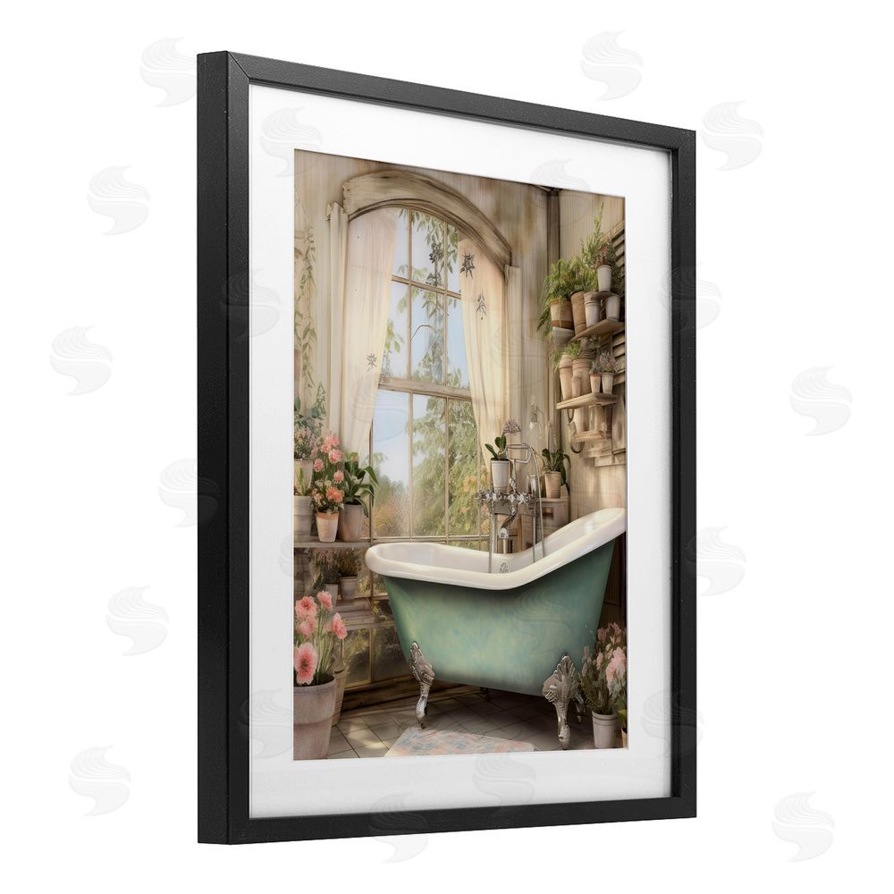 Lettered and Lined Bathroom with Floral Filled Shelves Black Framed Print Under Glass Wall Art