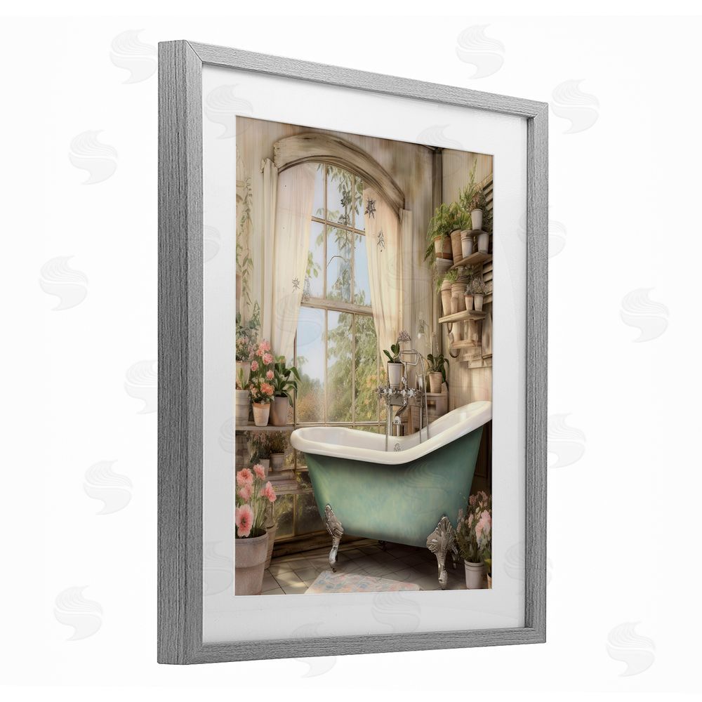 Lettered and Lined Bathroom with Floral Filled Shelves Gray Framed Print Under Glass Wall Art