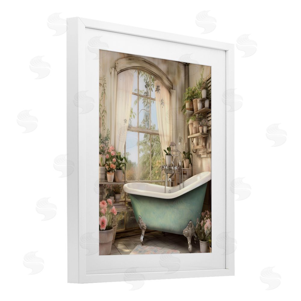 Lettered and Lined Bathroom with Floral Filled Shelves White Framed Print Under Glass Wall Art